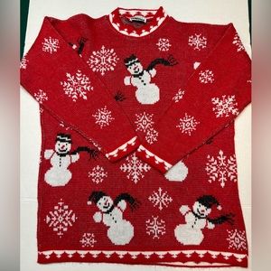 Christmas Sweater Crewneck Snowmen & Snowflake Red Unisex Large EUC